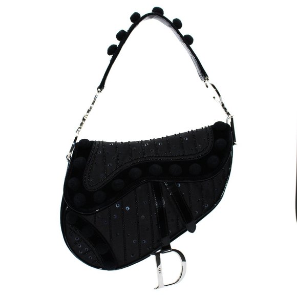 Christian Dior Limited Edition Black  Pom Pom Embellished Saddle Bag - Picture 1 of 16